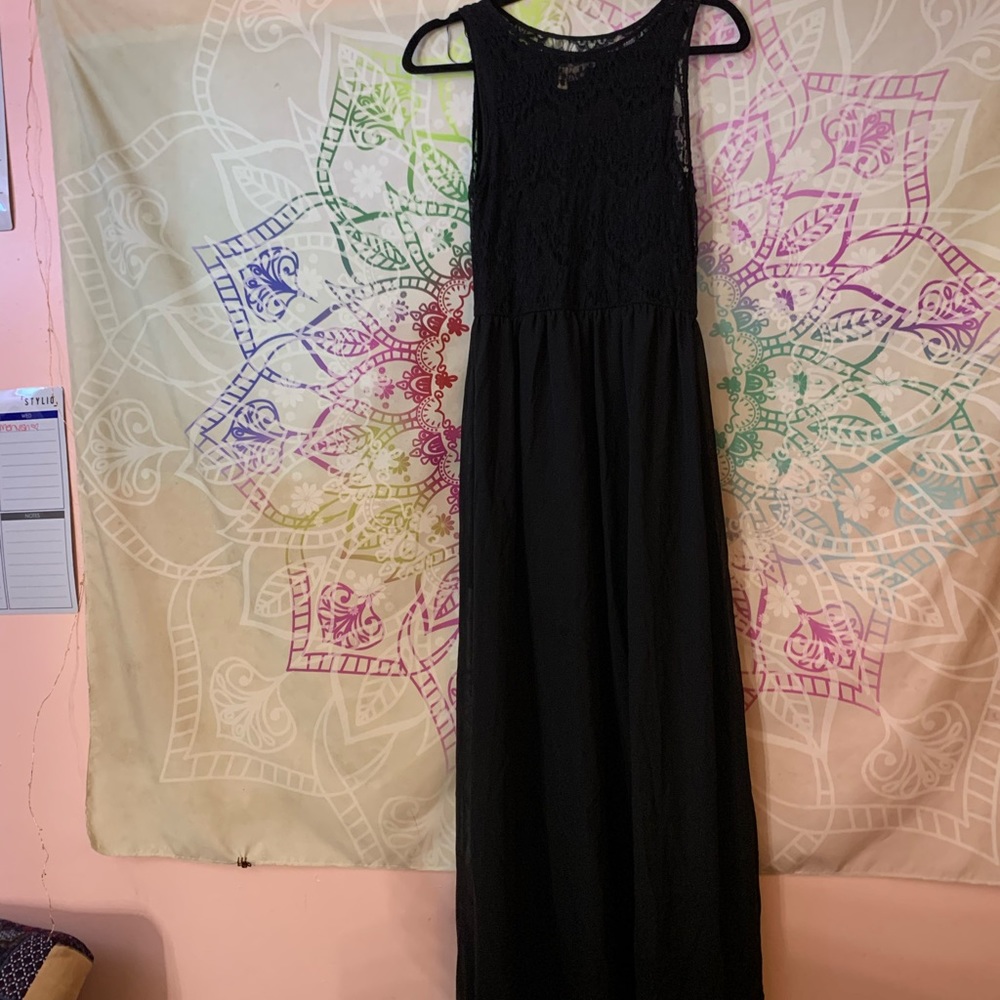 Long black dress with sheer overlay